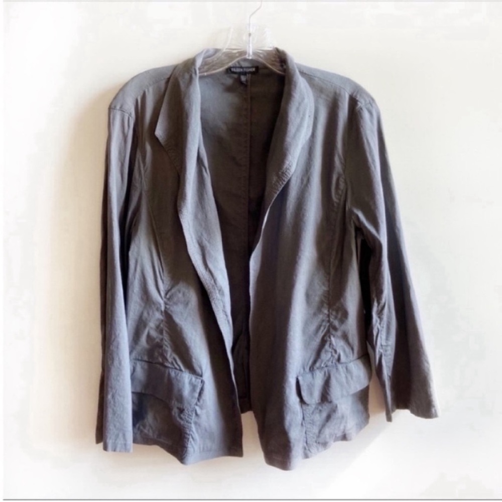 Eileen Fisher blazer gray charcoal linen blend open front pockets